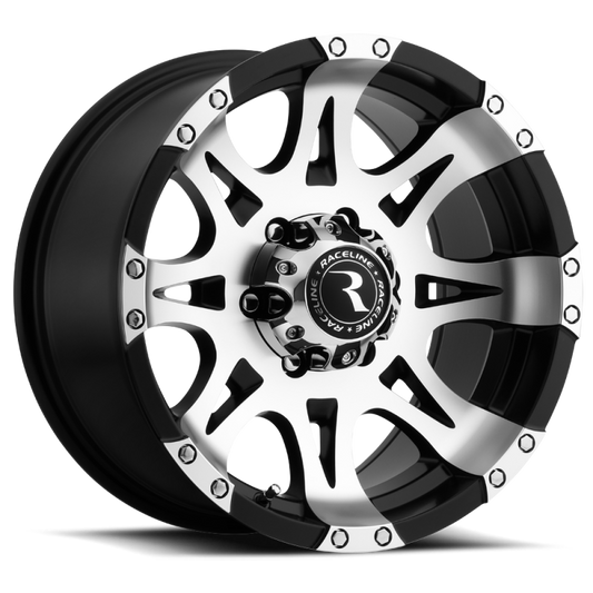 Raceline 982 Raptor 17x9in / 5x127 BP / 0mm Offset / 78.1mm Bore - Black & Machined Wheel